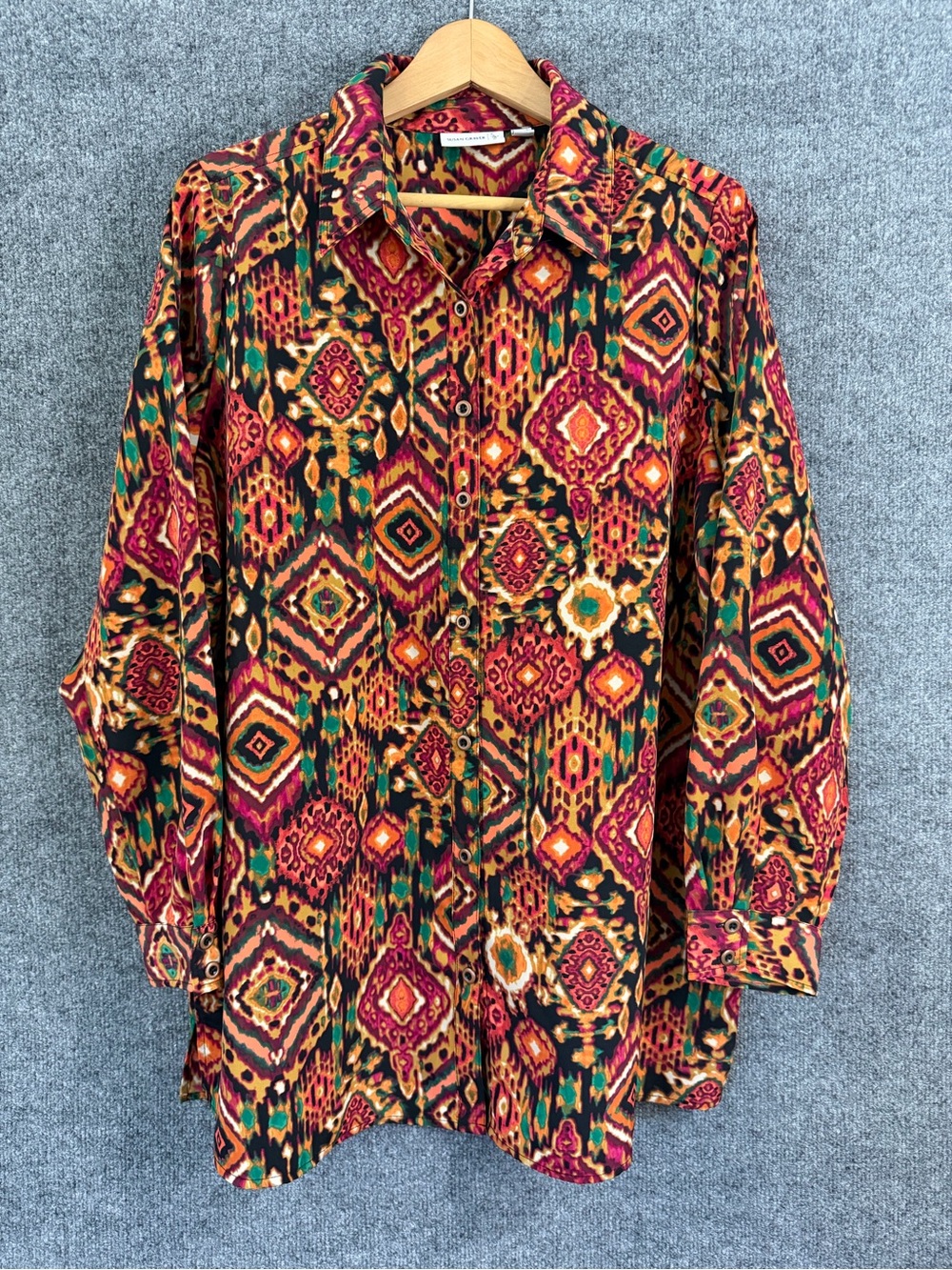 Susan Graver Womens 1X Aztec Button Up Tunic Top Multicolor Long Sleeve Office